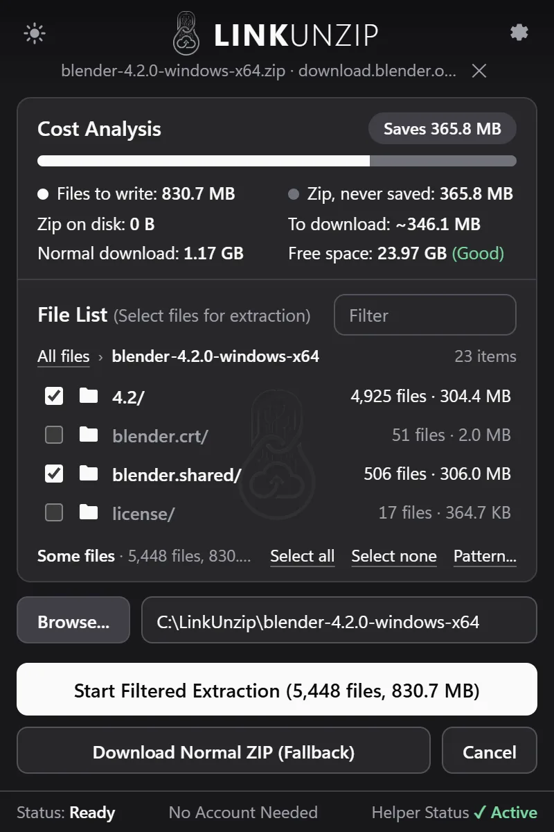 The Blender 4.2 File List with the 4.2 and blender.shared folders ticked and two folders unticked; the button reads Start Filtered Extraction (5,448 files, 830.7 MB).