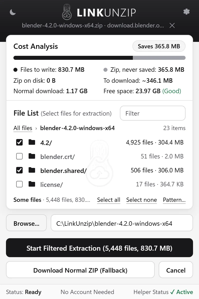 The Blender 4.2 File List with the 4.2 and blender.shared folders ticked and two folders unticked; the button reads Start Filtered Extraction (5,448 files, 830.7 MB).
