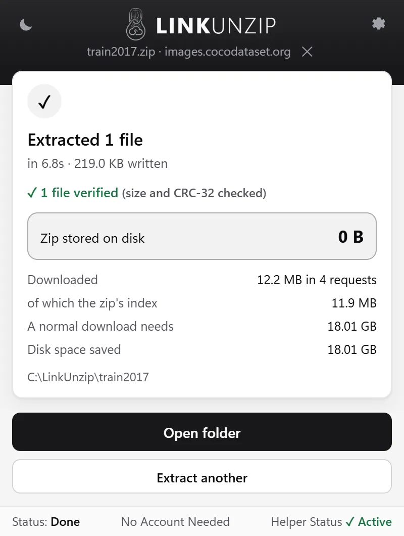 The done screen after taking one photo out of COCO train2017: 1 file verified, zip stored on disk 0 B, 12.2 MB downloaded in 4 requests, of which the zip's index was 11.9 MB.