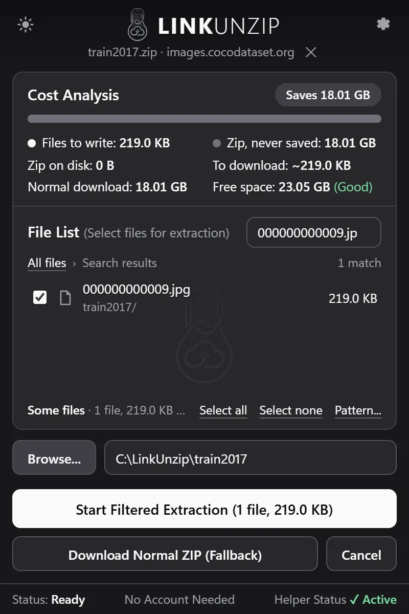 LinkUnzip showing the File List of the 18.01 GB COCO train2017 zip, filtered to one photo of 219.0 KB, with the Cost Analysis: zip on disk 0 B, normal download 18.01 GB.
