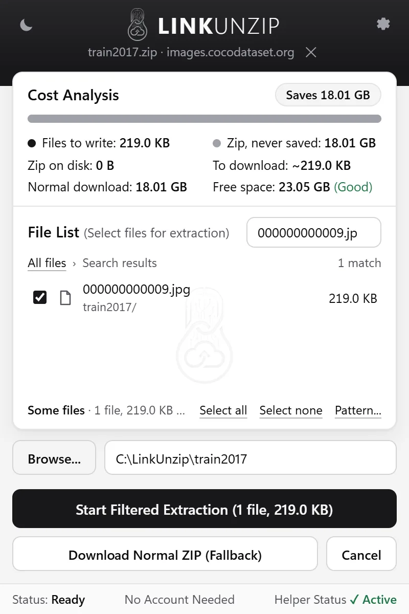 LinkUnzip showing the File List of the 18.01 GB COCO train2017 zip, filtered to one photo of 219.0 KB, with the Cost Analysis: zip on disk 0 B, normal download 18.01 GB.