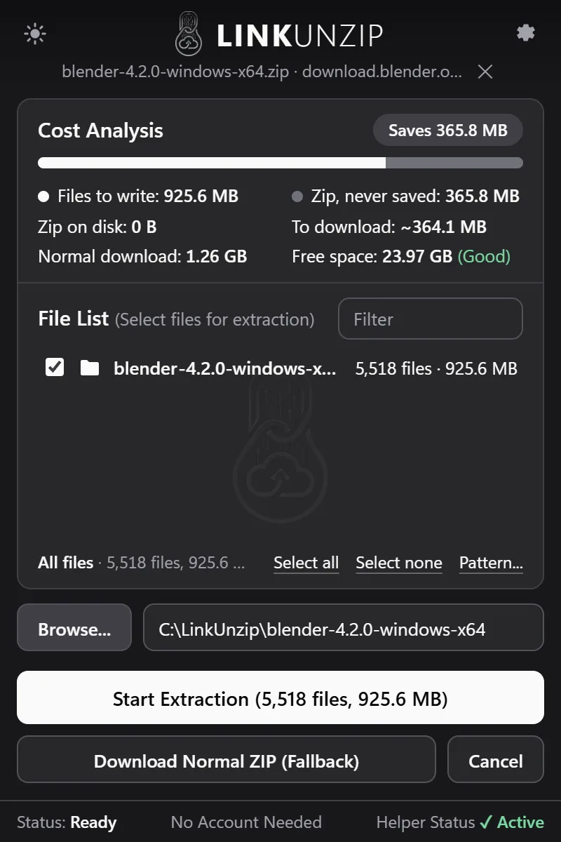 The Cost Analysis for Blender 4.2: files to write 925.6 MB, zip never saved 365.8 MB, zip on disk 0 B, to download about 364.1 MB, normal download 1.26 GB, free space 23.97 GB (Good).