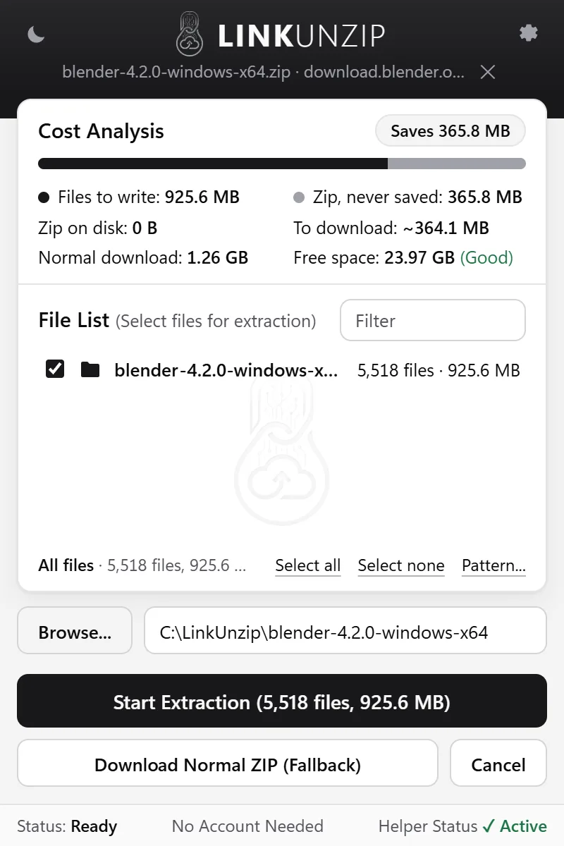 The Cost Analysis for Blender 4.2: files to write 925.6 MB, zip never saved 365.8 MB, zip on disk 0 B, to download about 364.1 MB, normal download 1.26 GB, free space 23.97 GB (Good).