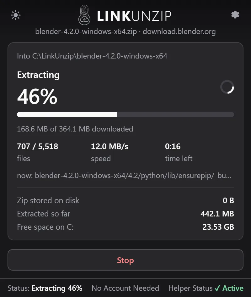 LinkUnzip extracting Blender 4.2 at 46 percent: 707 of 5,518 files, 12.0 MB/s, zip stored on disk 0 B, with a Stop button.
