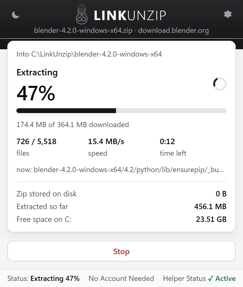 LinkUnzip extracting Blender 4.2 at 46 percent: 707 of 5,518 files, 12.0 MB/s, zip stored on disk 0 B, with a Stop button.